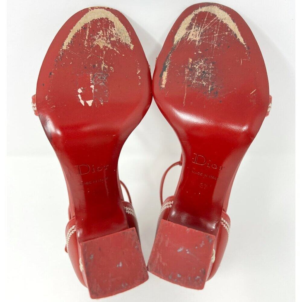 Dior 2005 Red Leather Logo Embroidered Block Heel Sandals- John Galliano Era - Picture 9 of 10